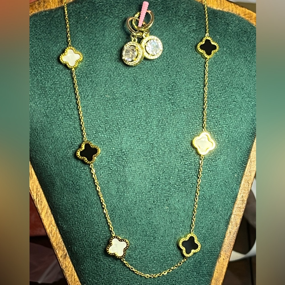 Classic Status-style Gold & Black Clover Necklace with AAA CZ Gold Earrings